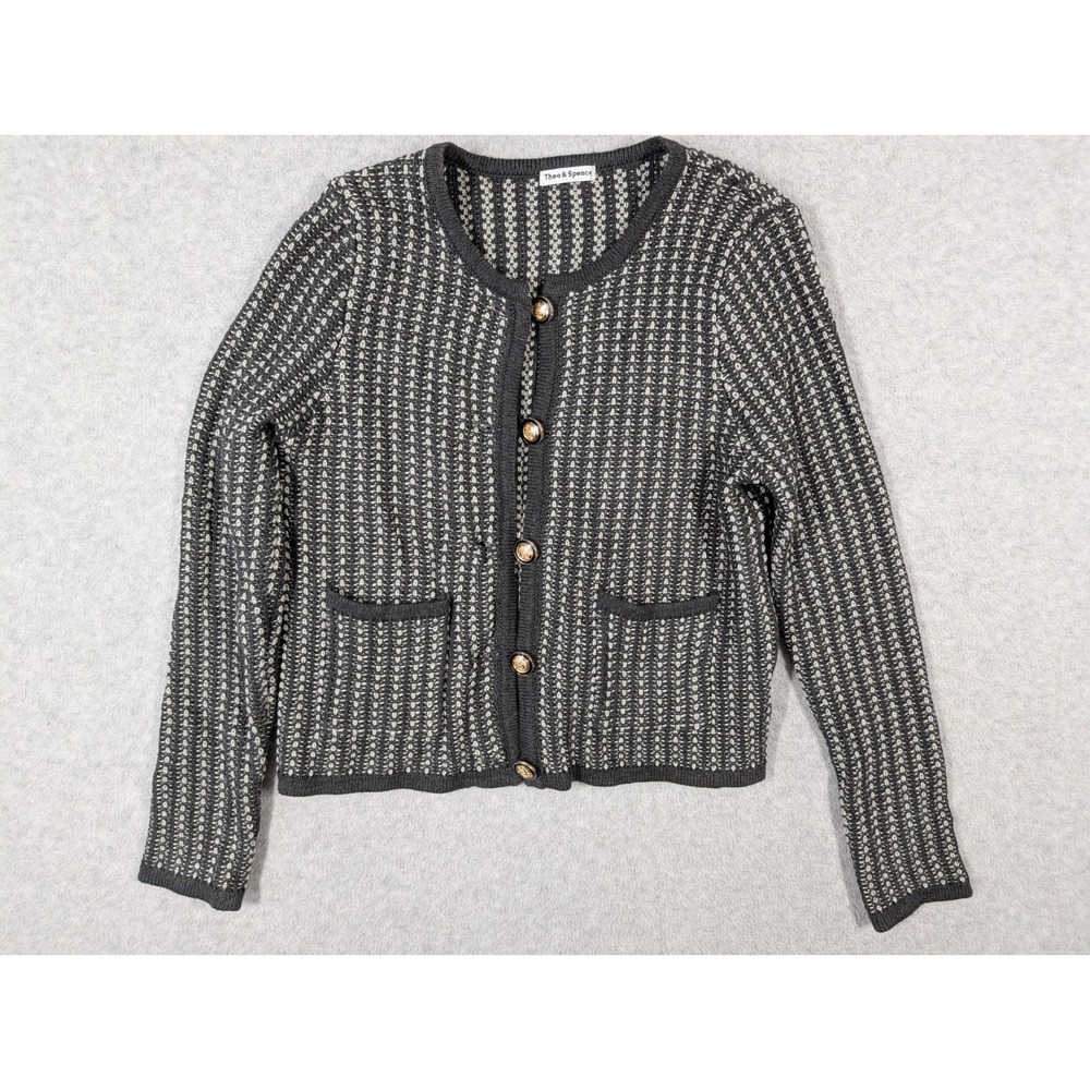 Theo Spence Women Sweater XS Mixed Color Tight‎ Knit Cardigan Gold Buttons